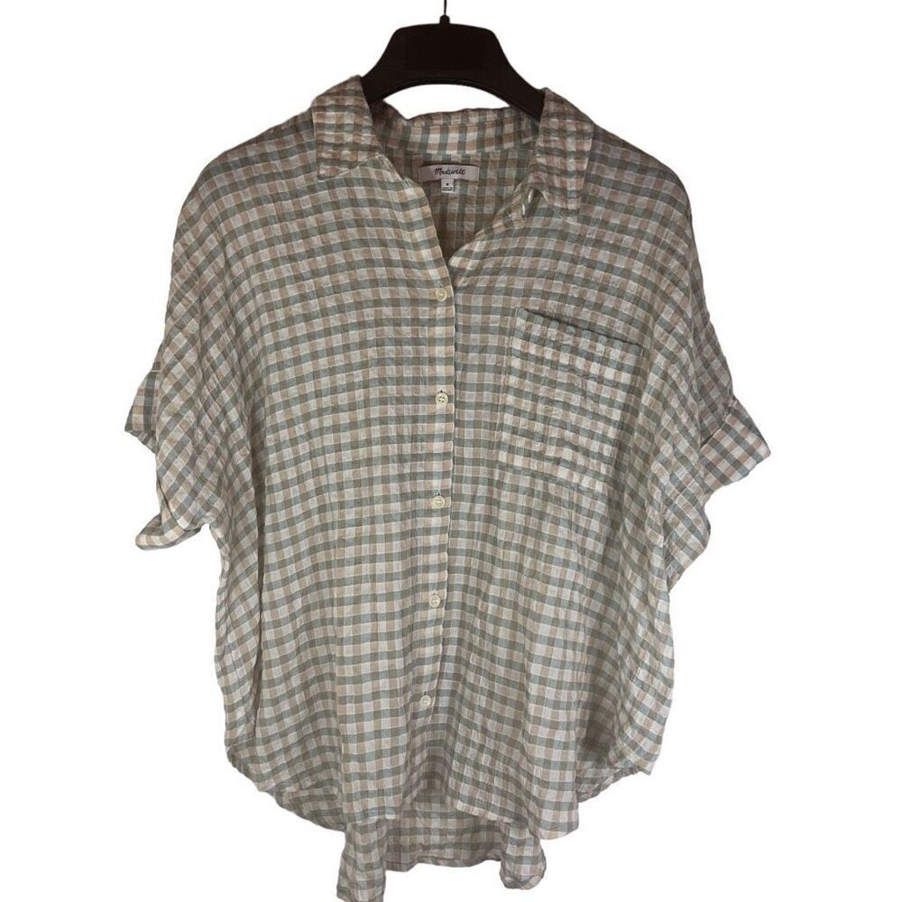 Madewell Womens Gingham Seersucker Daily Button Down‎ Beige Shirt Size Medium